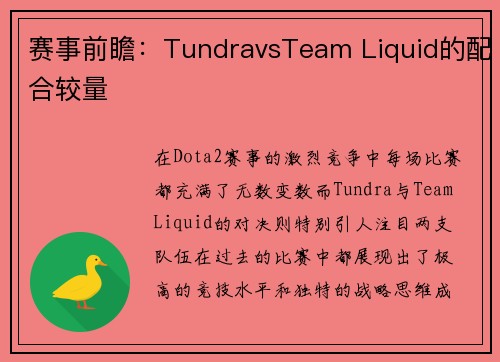 赛事前瞻：TundravsTeam Liquid的配合较量