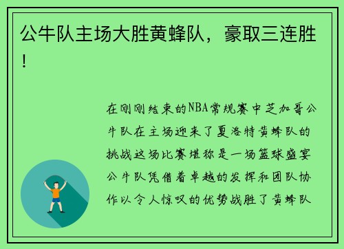 公牛队主场大胜黄蜂队，豪取三连胜！