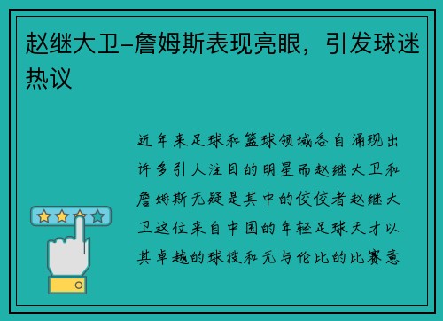 赵继大卫-詹姆斯表现亮眼，引发球迷热议