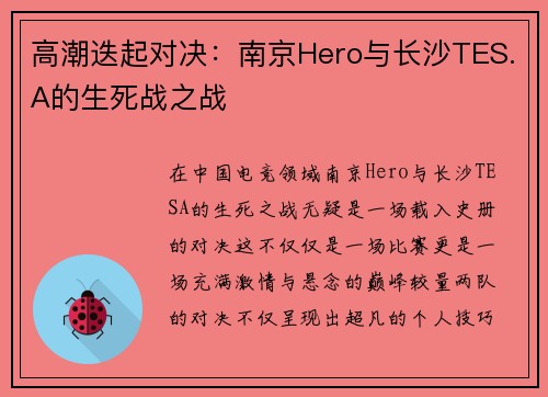 高潮迭起对决：南京Hero与长沙TES.A的生死战之战